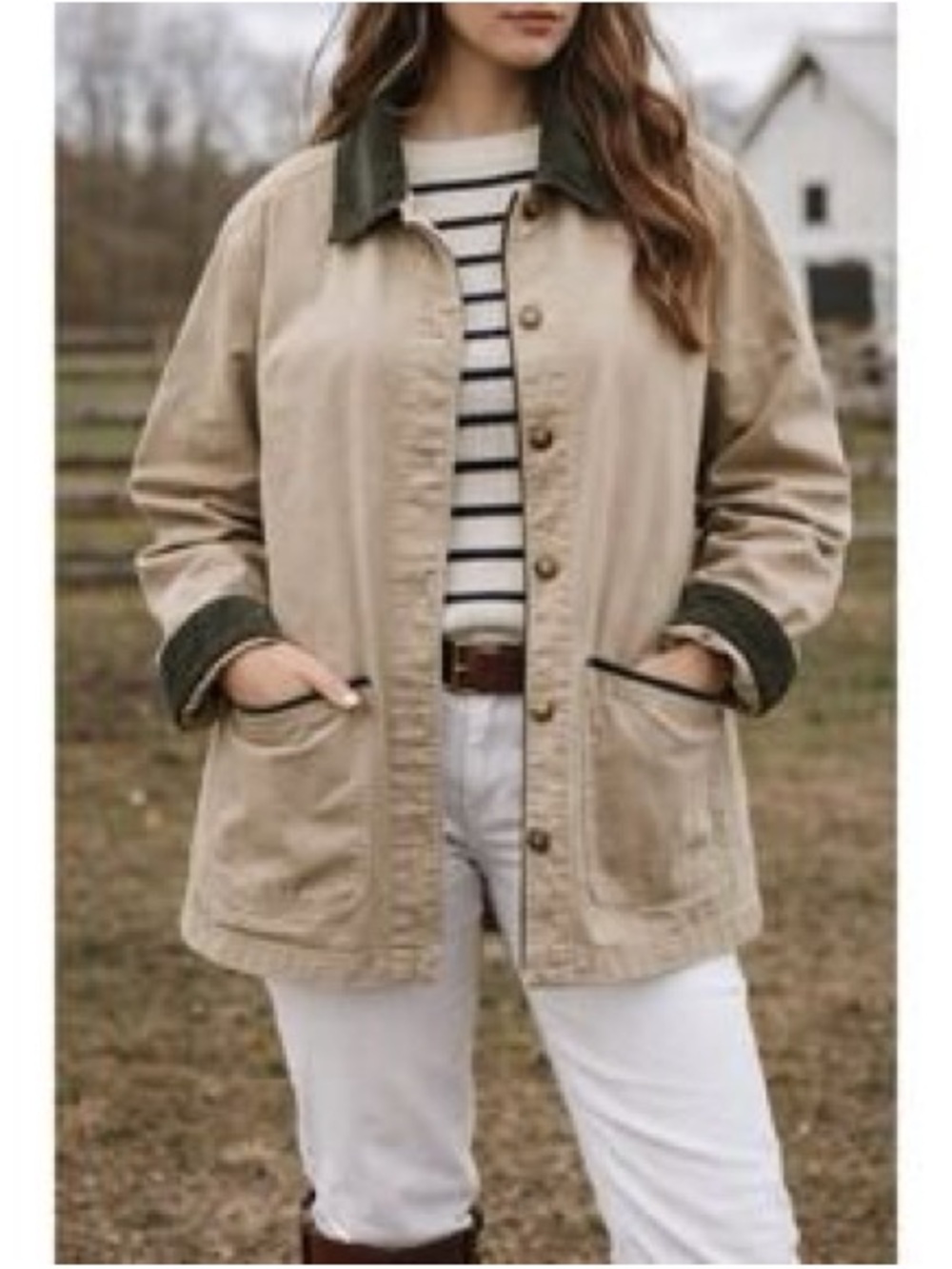 Vintage Beige Utility chore Jacket with Dark Green corduroy Trim medium